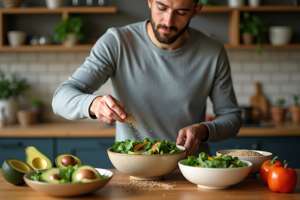 Jeune homme prépare une salade colorée dans la cuisine