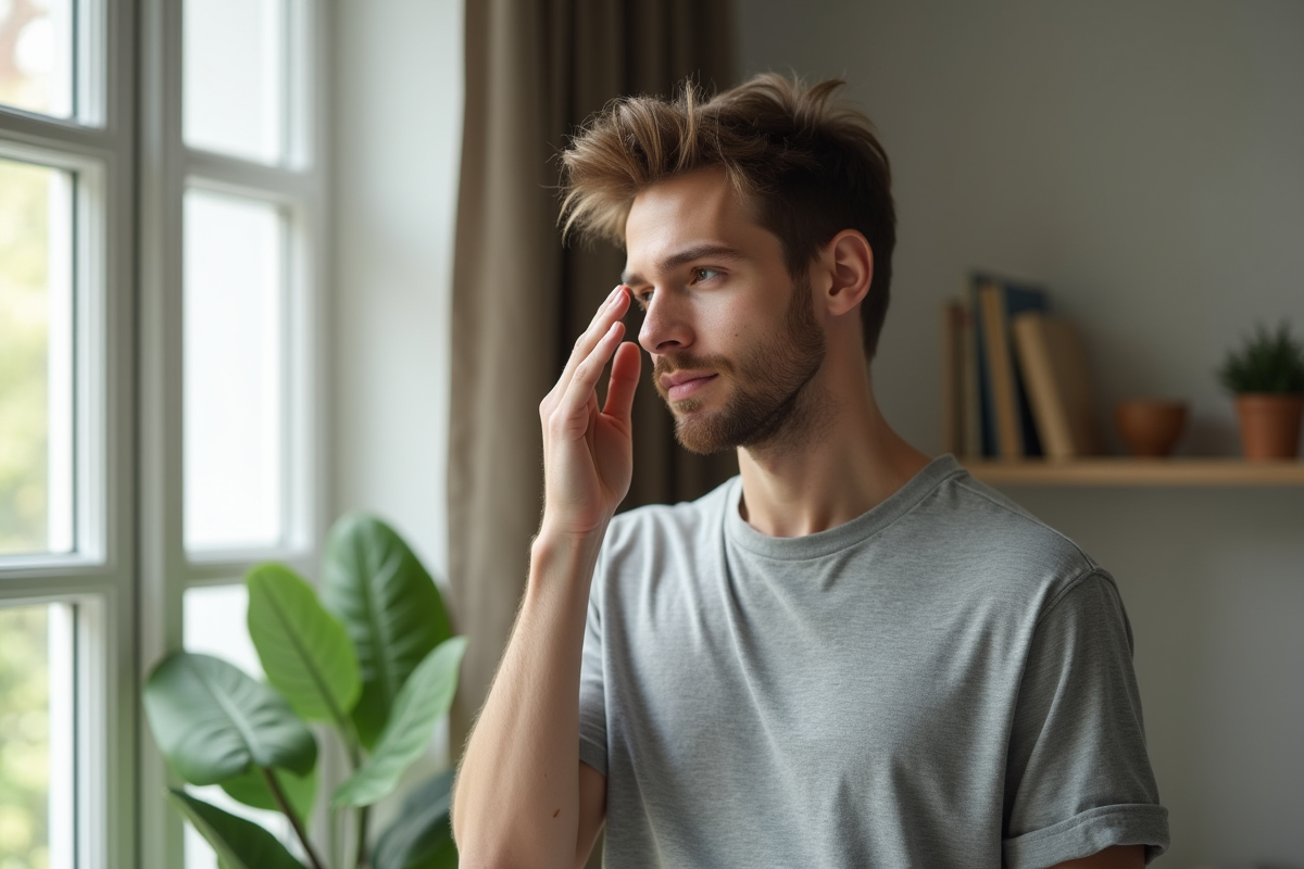 Jeune homme appliquant un serum visage près d