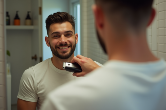 Jeune homme en miroir avec coupe drop fade en salle de bain
