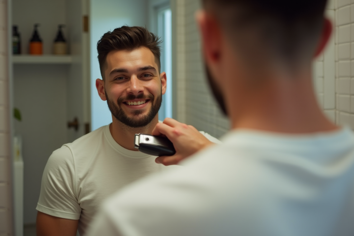 Jeune homme en miroir avec coupe drop fade en salle de bain