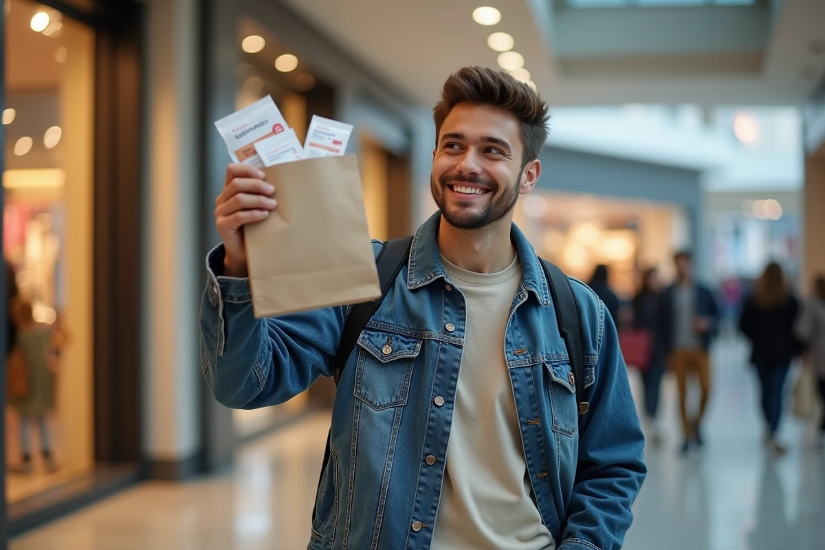 Jeune homme avec sac de cosmétiques devant centre commercial