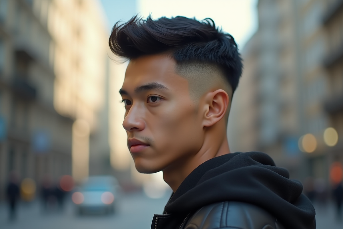 Jeune homme au style urbain avec coupe moderne fade