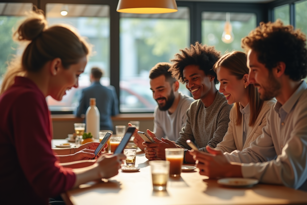 Groupe de jeunes adultes autour d'une table de café avec smartphones