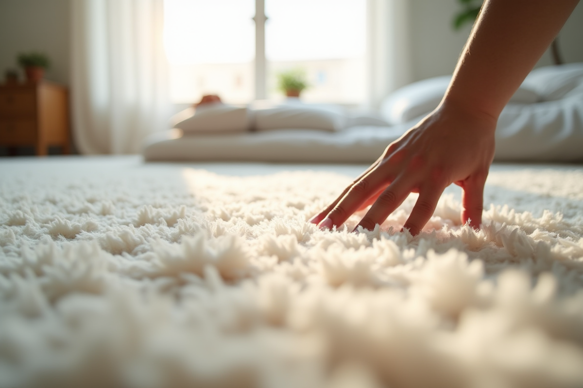 Main touchant un tapis moelleux dans une chambre lumineuse