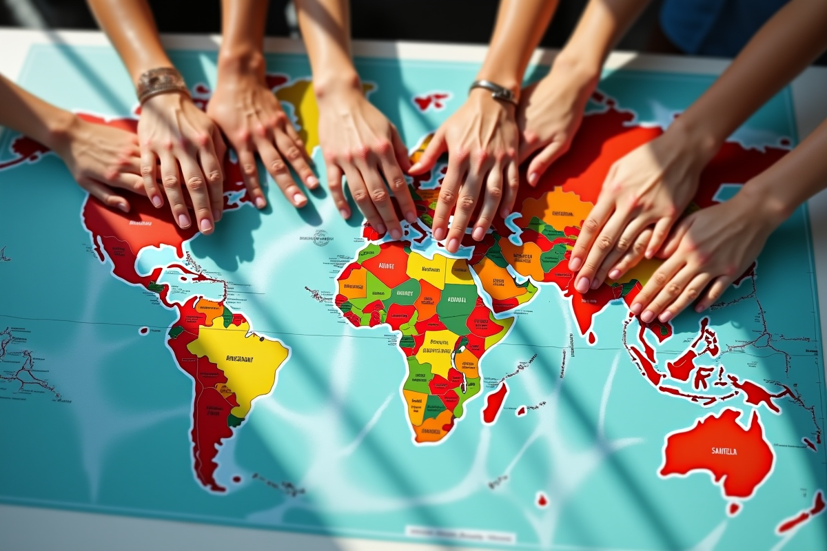 Mains diverses comparant cicatrices sur une carte du monde