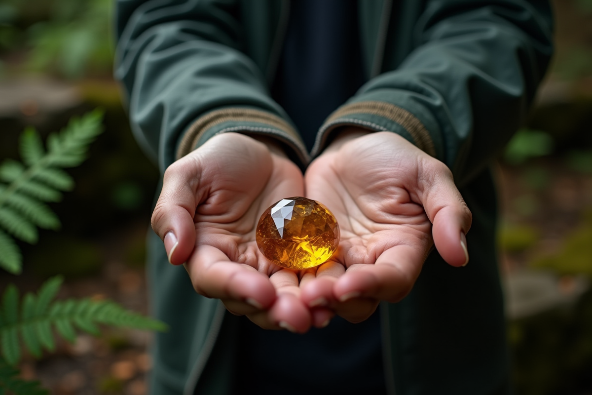Mains d’un jeune homme présentant un gemstone en plein air