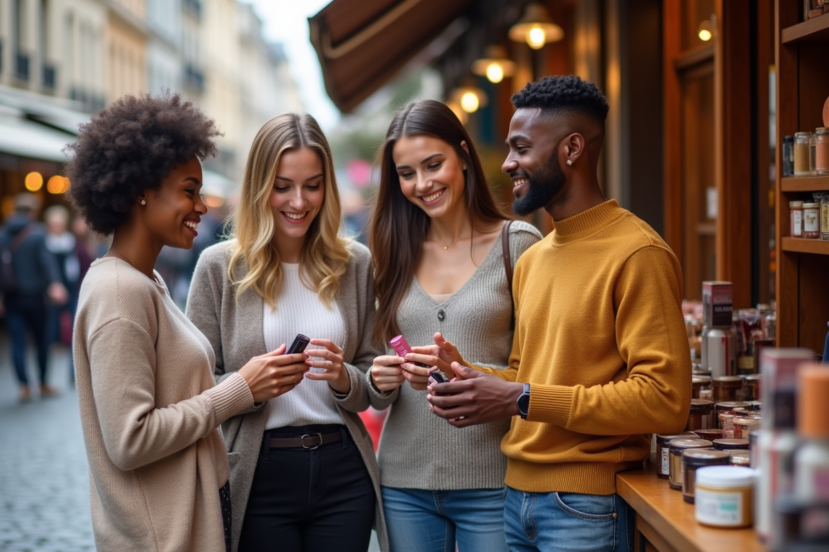 Groupe de jeunes adultes compare des produits cosmétiques
