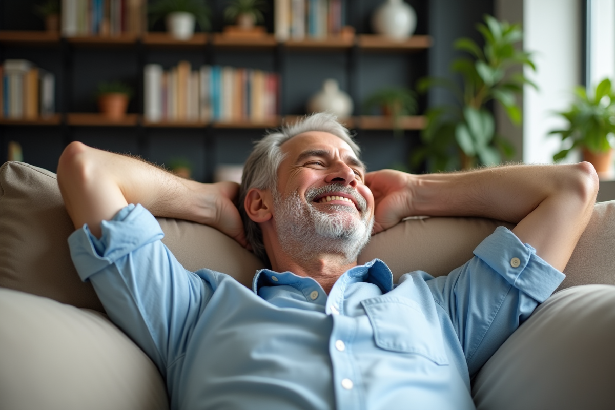 Homme souriant recevant un massage du cuir chevelu à la maison