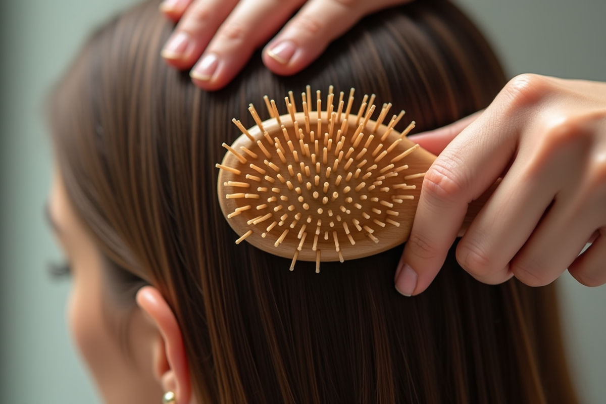 Mains utilisant une brosse en bois pour masser le cuir chevelu