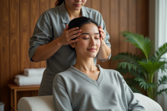Femme détendue recevant un massage du cuir chevelu dans un spa