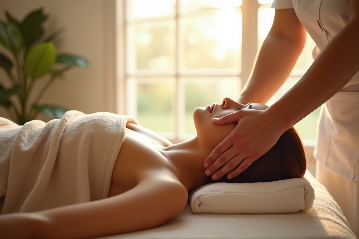 Personne recevant un massage dans un spa lumineux