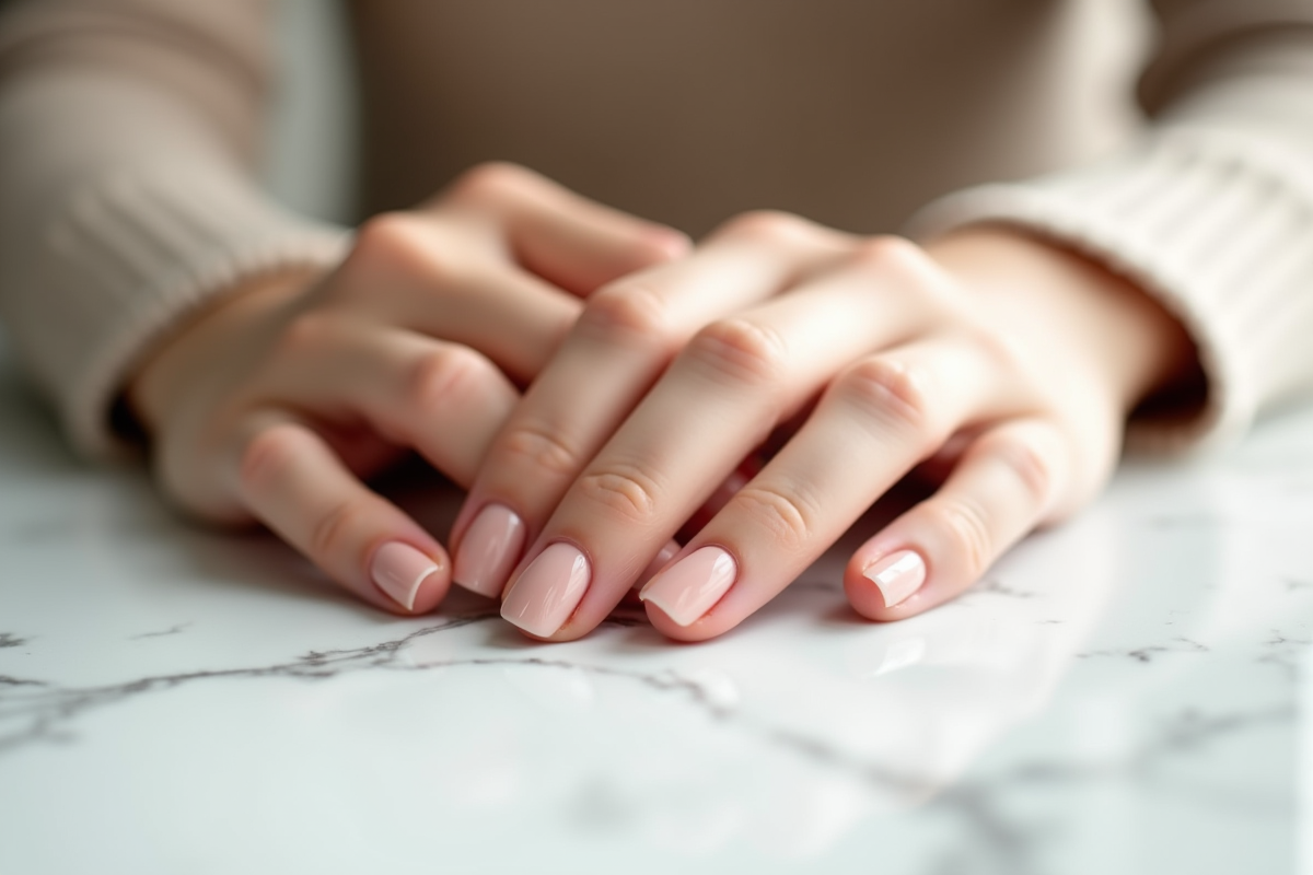 Mains avec ongles artificiels naturels sur marbre blanc