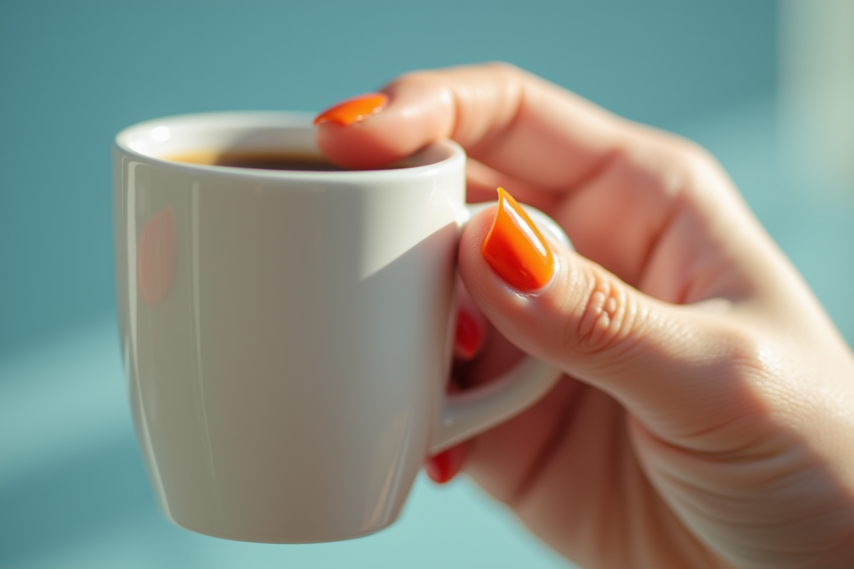 Fingertips avec ongles colorés tenant tasse en porcelaine