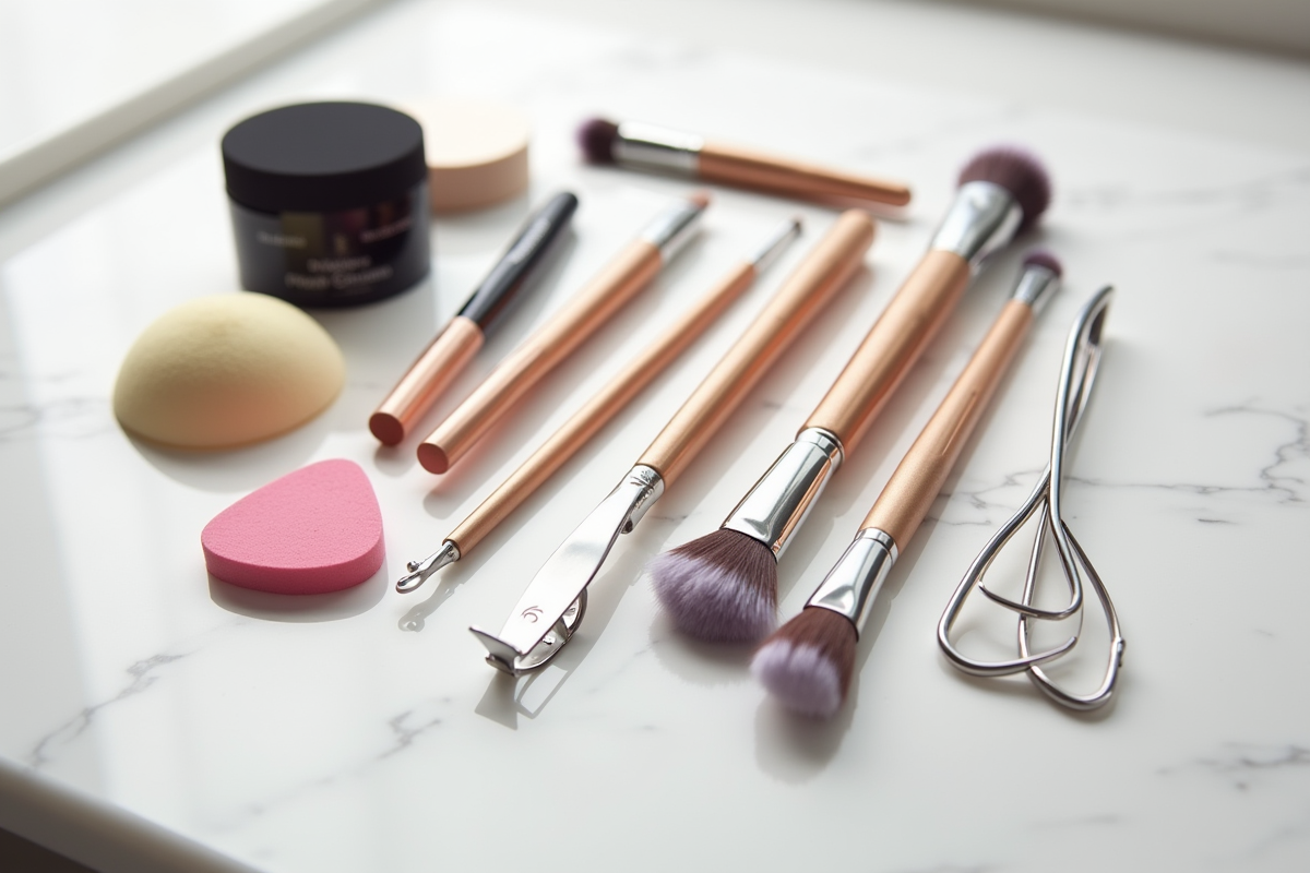 Collection d'outils maquillage sur marbre naturel
