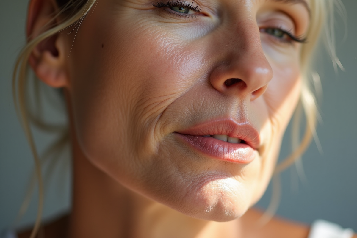 Visage d'une femme mature avec peau naturelle en gros plan