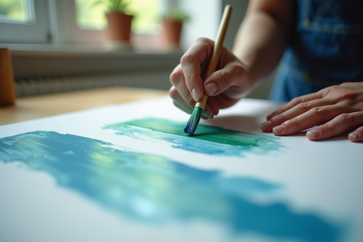 Mains mélangeant des nuances de bleu et vert sur papier blanc