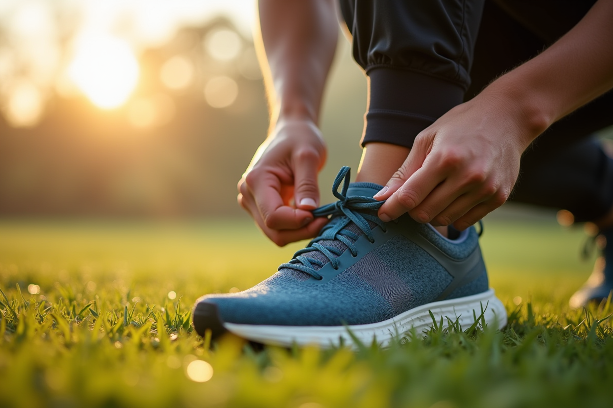Personne en tenue de sport nouant ses chaussures de course