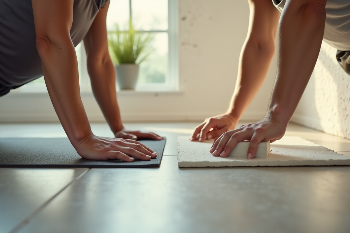 Mains effectuant une planche abdominale sur un tapis dans une pièce lumineuse