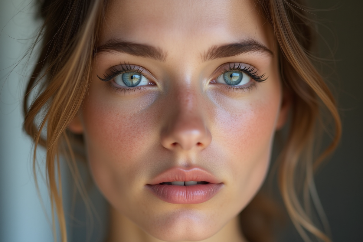 Portrait d'une femme aux yeux bleus naturels et maquillage léger