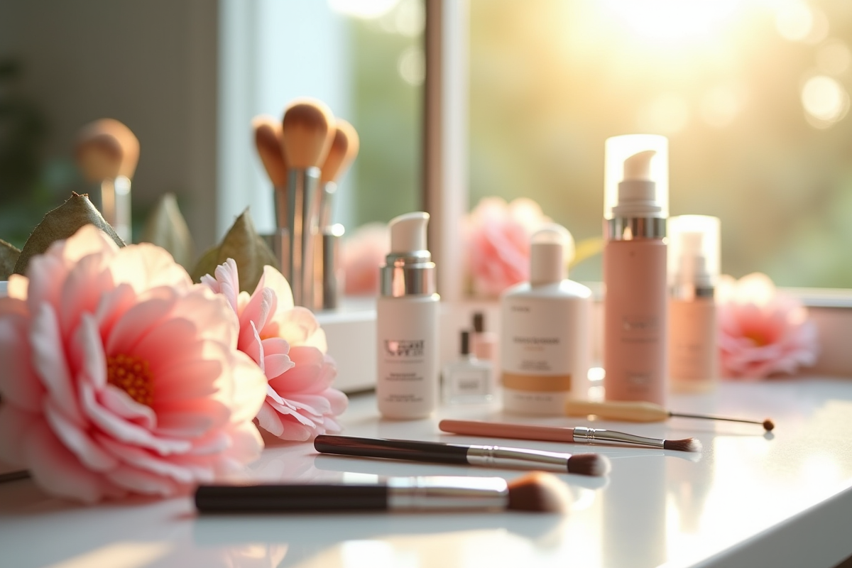 Produits de maquillage antiage et pinceaux sur vanite lumineuse