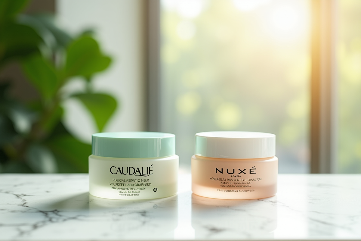 Produits cosmétiques Caudalie et Nuxe sur marbre blanc