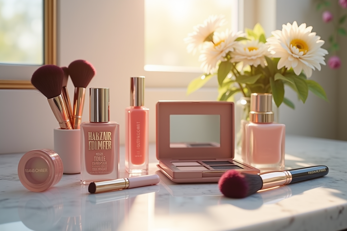 Collection de produits maquillage haut de gamme sur un marbre