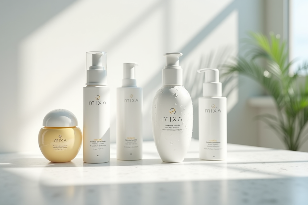 Produits Mixa soin visage alignes sur un comptoir blanc lumineux