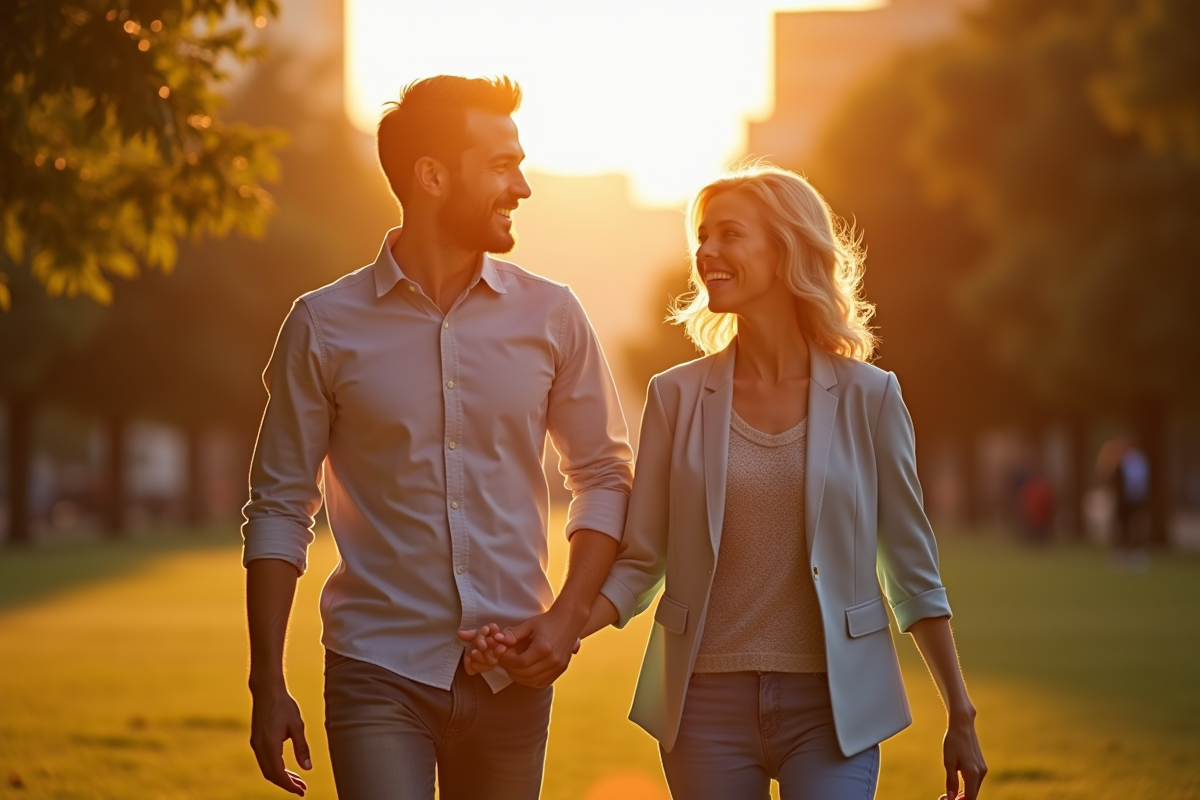 Homme et femme souriants dans un parc en fin d'après-midi