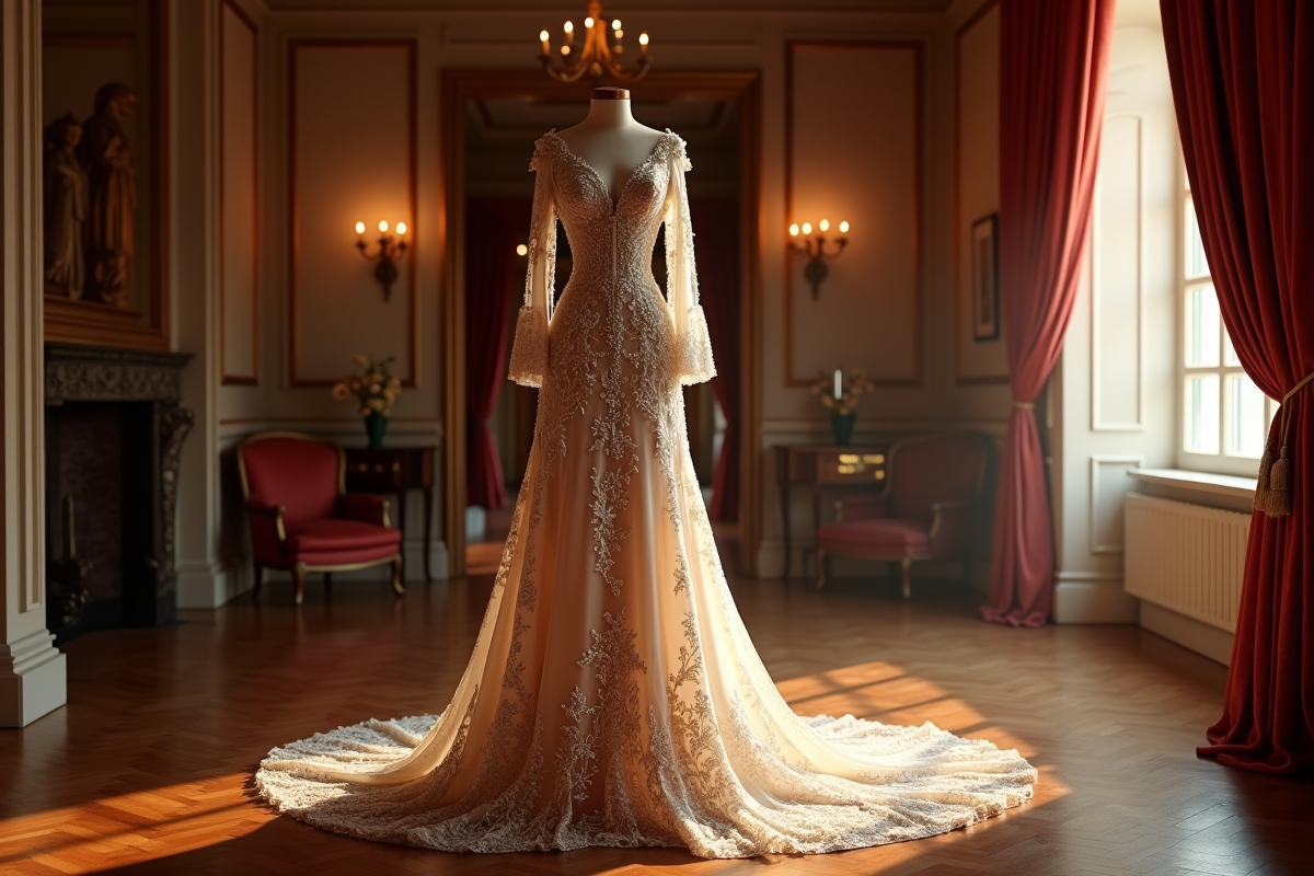 Robe de haute couture dans un salon historique avec détails brodés