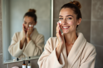 Femme en peignoir appliquant une creme visage devant miroir