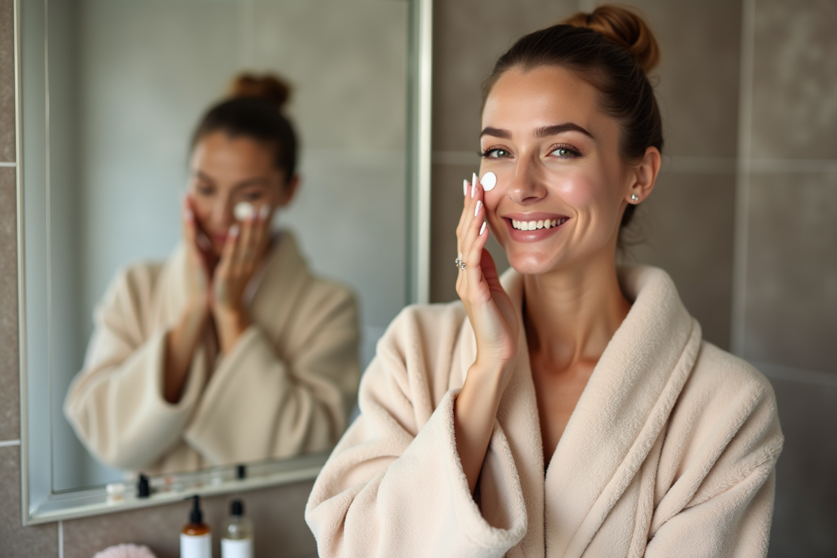 Femme en peignoir appliquant une creme visage devant miroir