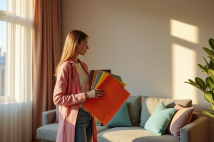 Salon élégant avec femme tenant des échantillons de tissus tendance 2025