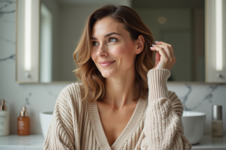 Femme appliquant un serum capillaire dans un intérieur moderne