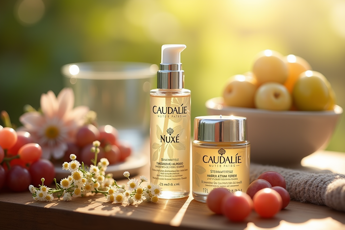 Soins visage Caudalie et Nuxe avec raisins et fleurs