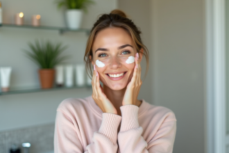 Femme appliquant une creme visage dans une salle de bain lumineuse
