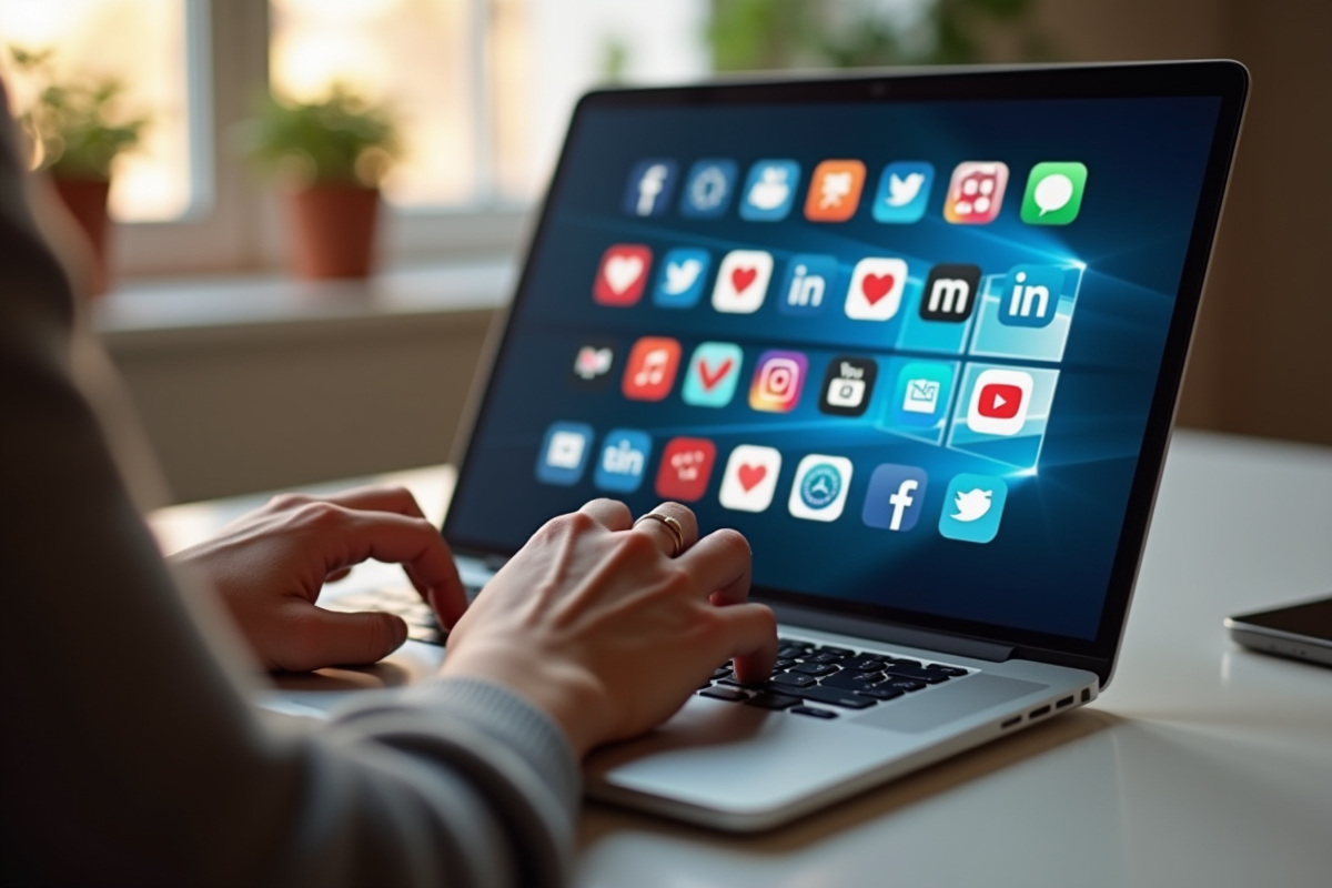 Personne utilisant un ordinateur portable avec logos de rencontres à l