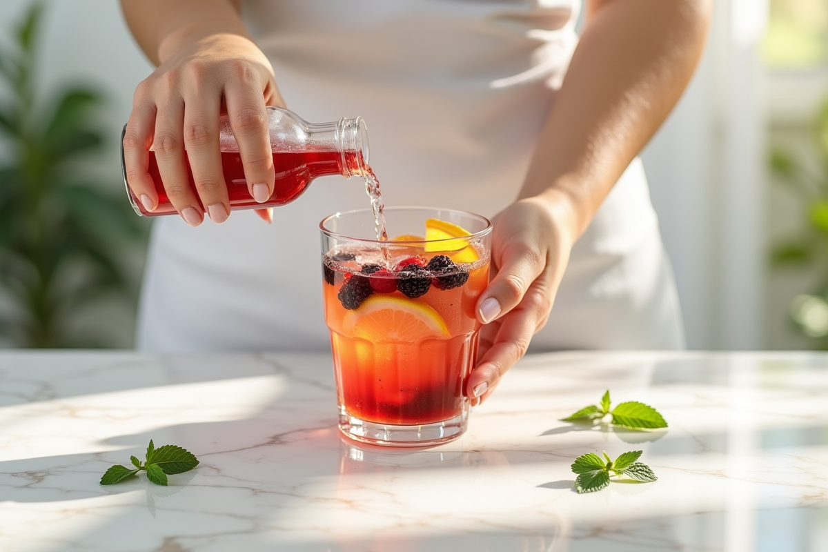 Deux mains versant une boisson aux fruits rouges dans un verre élégant sur surface blanche