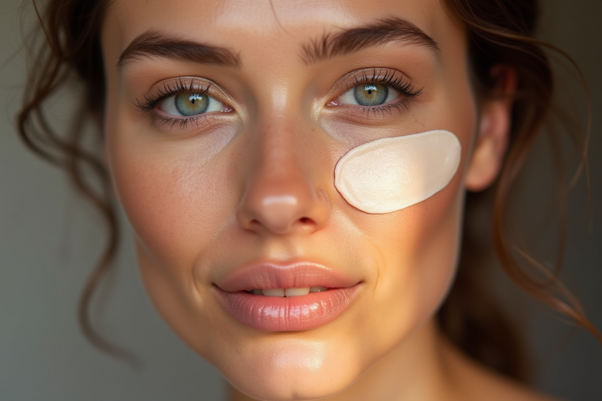 Zoom sur un visage avec fond de teint appliqué et naturel